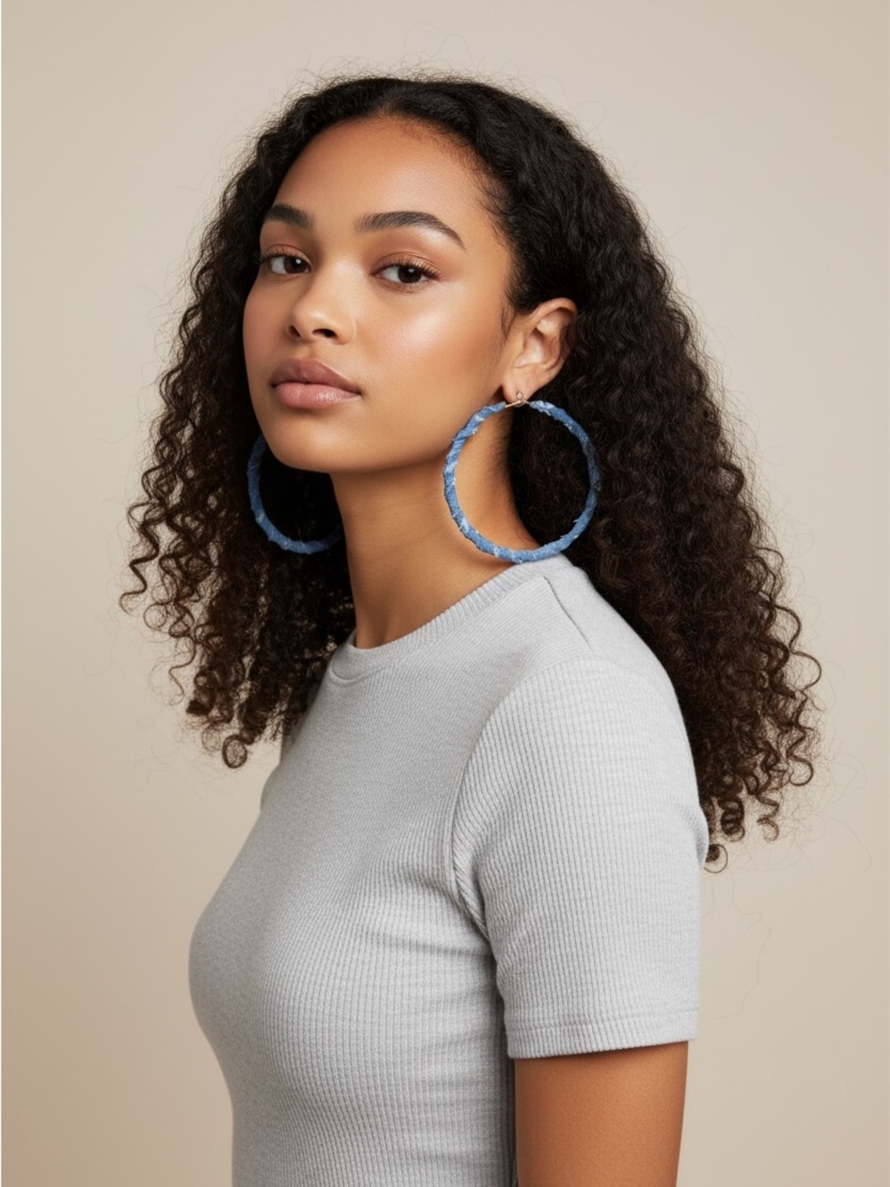 Blue  Denim Braided Oversized Hoop Earrings